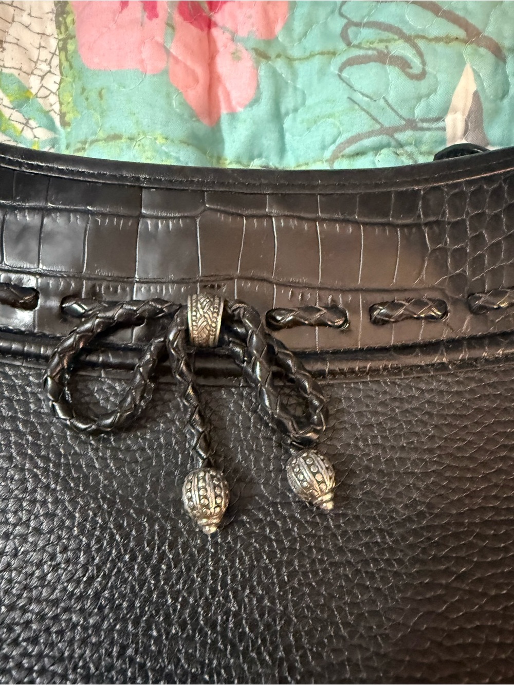 Brighton Black Textured Leather Shoulder Bag with Braided Drawstring